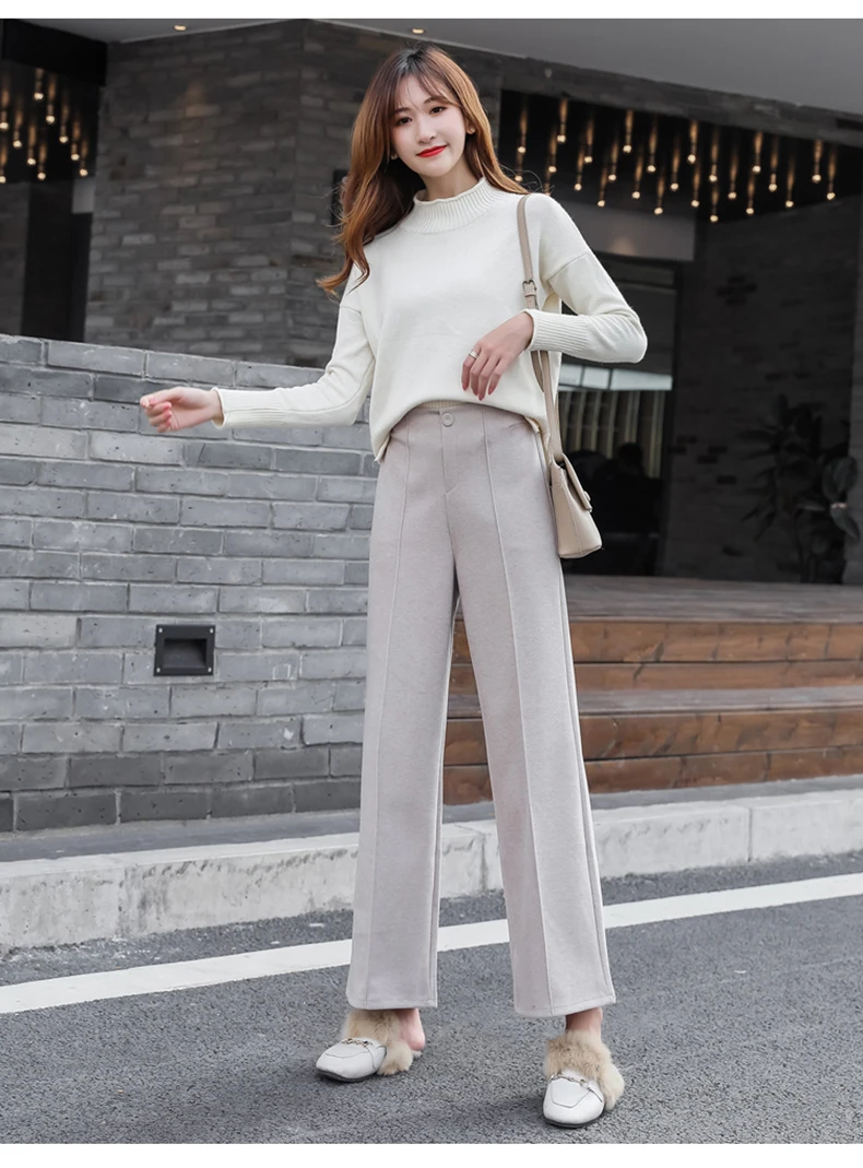 Ankle-Length Women Woolen Pants Wide Leg Pant 2019 New Fashion Autumn Winter Wear High Waist Loose Female Black Beige Trousers (3)