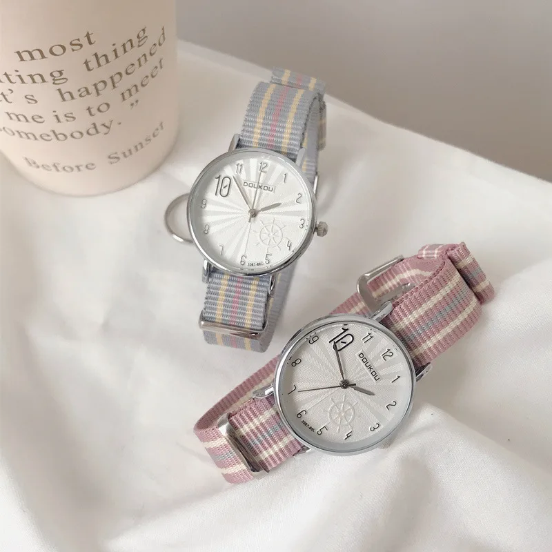 Fashion Stripe Women Watches Simple Number Gear Dial Design Ladies Quartz Wristwatches Casual Pink Nylon Strap Woman Watch Hours | Наручные