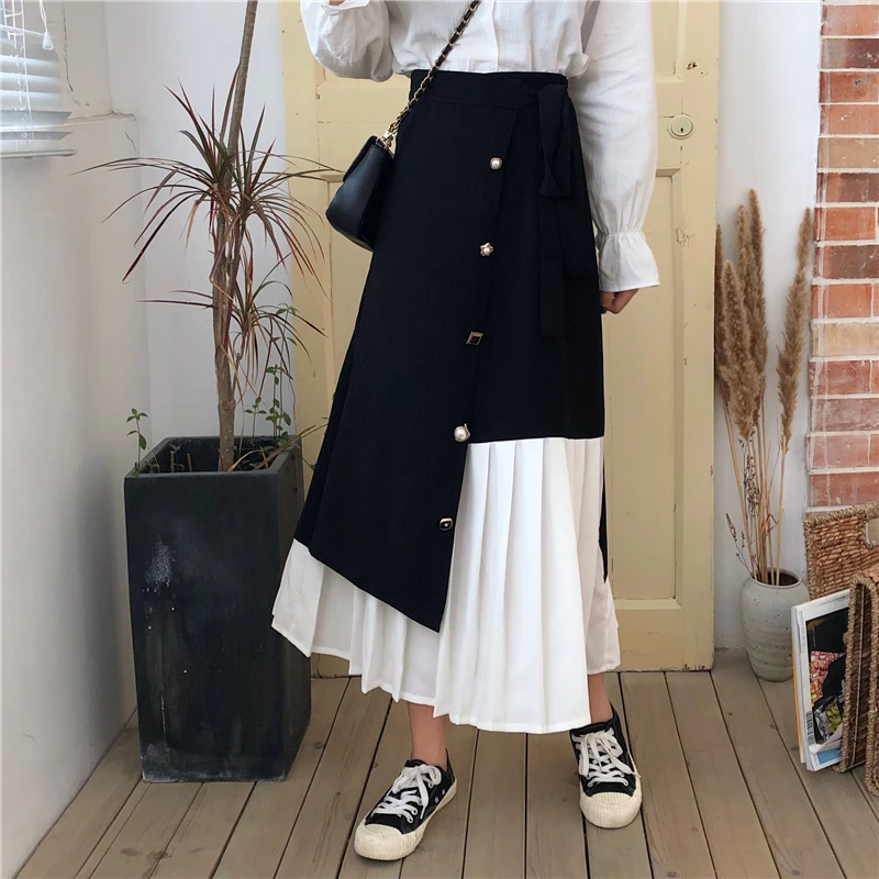 

Mihoshop Ulzzang Korean Korea Women Fashion Clothing High Waist Irregular Hit Color Pleated White Black Skirts