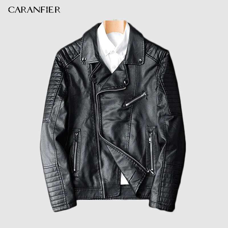 Черный CARANFIER Мужская модная мотоциклетная кожаная куртка мужская приталенная косая молния PU куртка осенние мужские кожаные куртки пальто - Цвет: Черный
