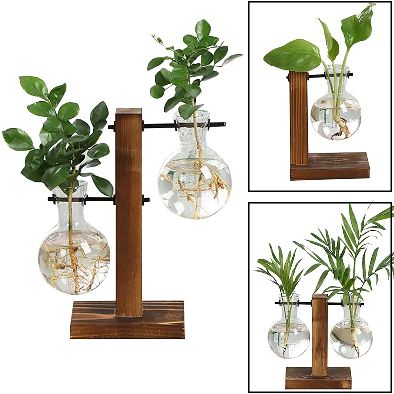 Tabletop Planter Flower Pot Glass Vase Wooden Frame Hydroponic Plant Vases 