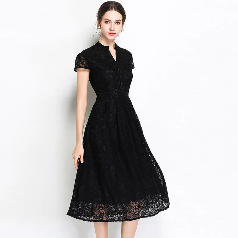

Elegant 2020 Summer Lace Black Midi for Women V Neck Party Dress Slim Fashion Vestidos De Verano 0125 KJ2675