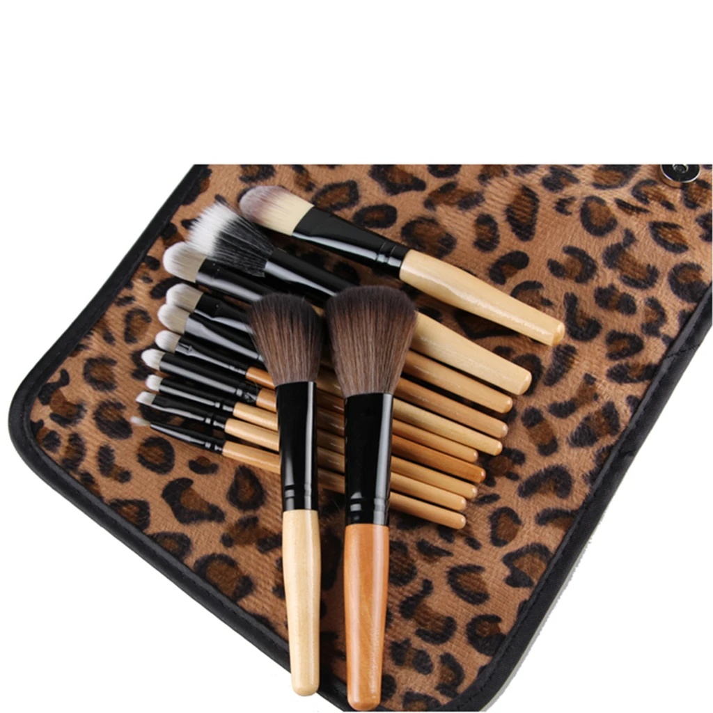 12 WOOD Makeup Brush Set Kabuki Foundation Eyeshadow Kit + Leopard Print Bag