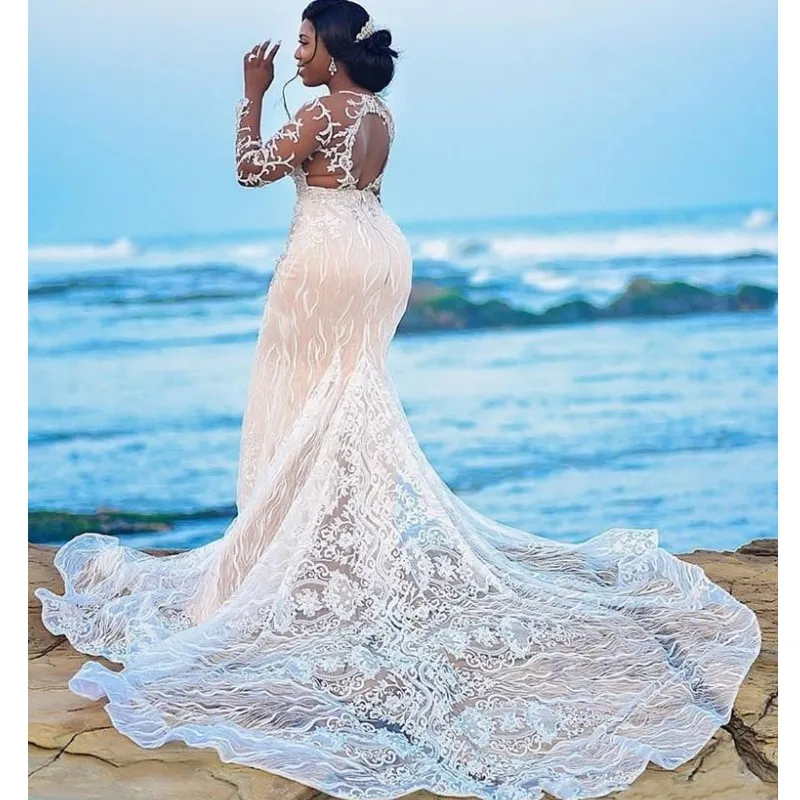 Африканские размера плюс свадебные платья Sheer шеи robe de mariee Свадебные платья с низким вырезом на спине бисером Длинные рукава Кружева Русалка свадебное платье
