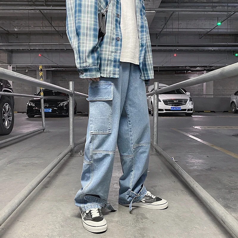 Pantalones vaqueros Cargo de pierna ancha para hombre, Jeans sueltos,  rectos y holgados, ropa de calle hip hop, Skateboard, pantalones vaqueros  neutros|Pantalones vaqueros| - AliExpress