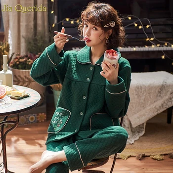 

Women Winter Autumn Home Clothing Cotton Green 2 Piece Pajamas Set Warm Cardigan Button Plus Size Padded Pajamas New Night Wear