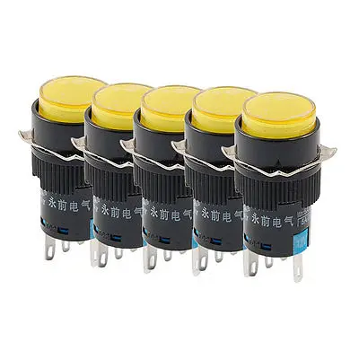 

5 x DC 12V Yellow Light 5P Momentary Panel Mount Round Push Button Switch