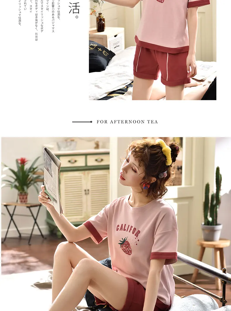 Короткие пижамы с рукавами; летняя хлопковая Свободная Домашняя одежда для девочек в Корейском стиле с героями мультфильмов; можно носить на улице
