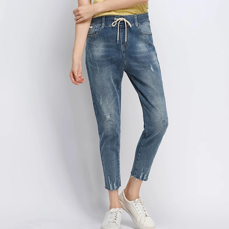 Verano rasgado nuevos jeans lavados de solapa jeans de gran tamaño cintura elástica mujeres tobillo longitud harem Pantalones mujer otoño