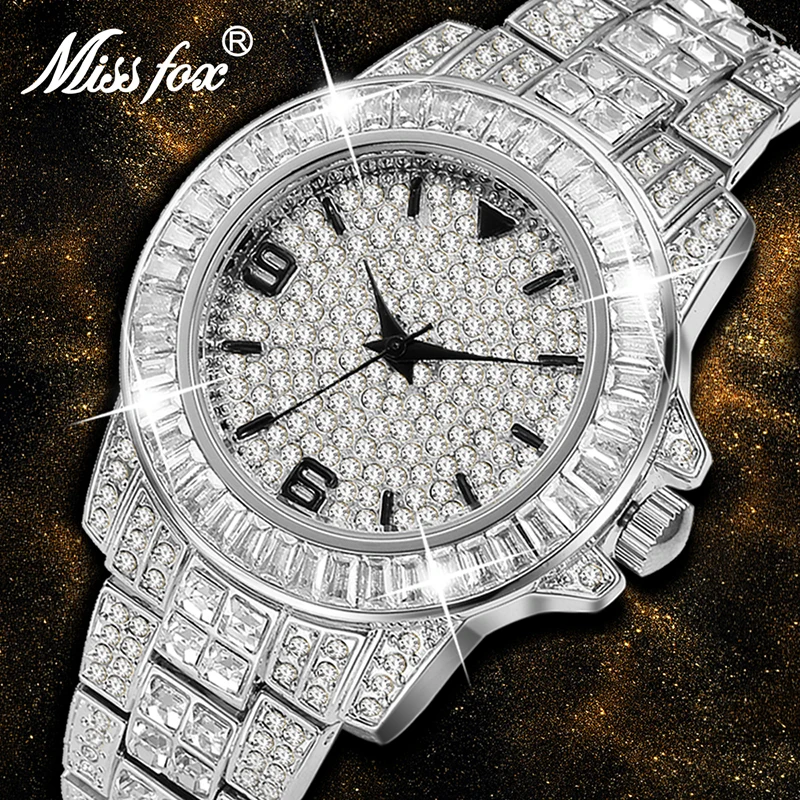 Missfox Arabic Numerals Men's Watches Top Brand Luxury Silver Iced Out