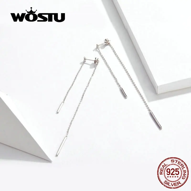WOSTU подлинные 925 пробы серебряные серьги-подвески с кисточками, простые яркие серьги с фианитами для женщин, подарок для свадебной вечеринки BNE186