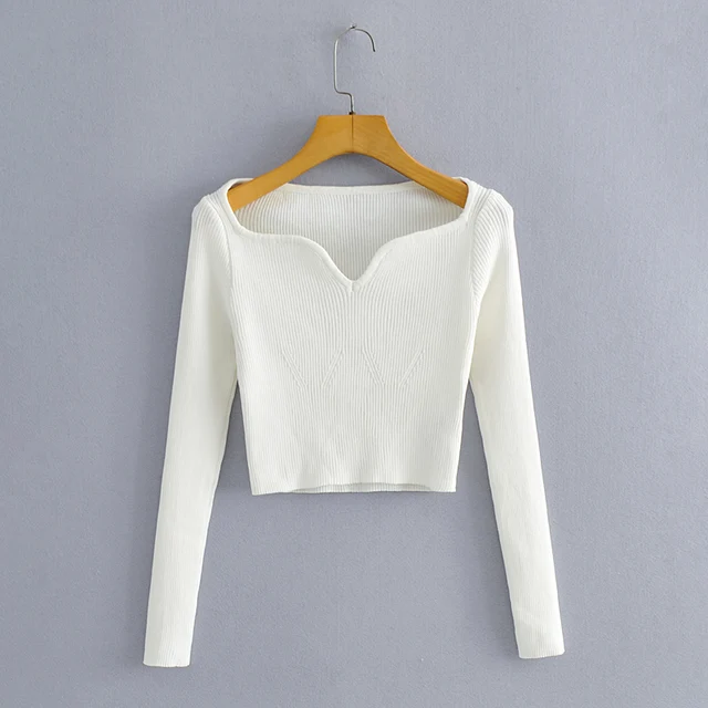 XNWMNZ Autumn Winter elasticity Short Square Collar Thin Knitted Pullovers Sweater Loose V-Neck Long Sleeve Women New Fashion white