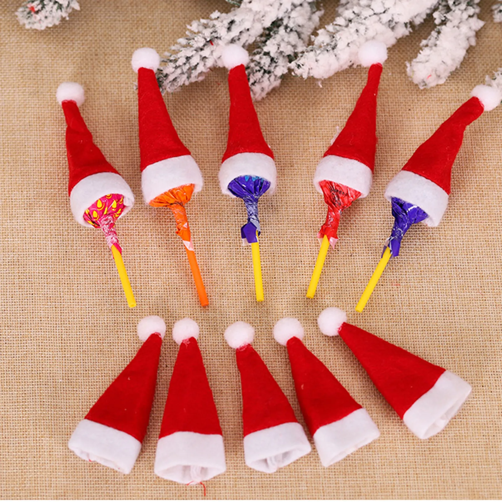 10pcs Mini Santa Claus Hat Christmas Holiday Lollipop Top Topper Cover For Festival Xmas Decor For Home Navidad Gifts