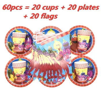 

30/60 pcs boys birthday party Sesame Street Elmo Disposable Tableware Plate cup Set Sesame Street Flag baby shower decorations