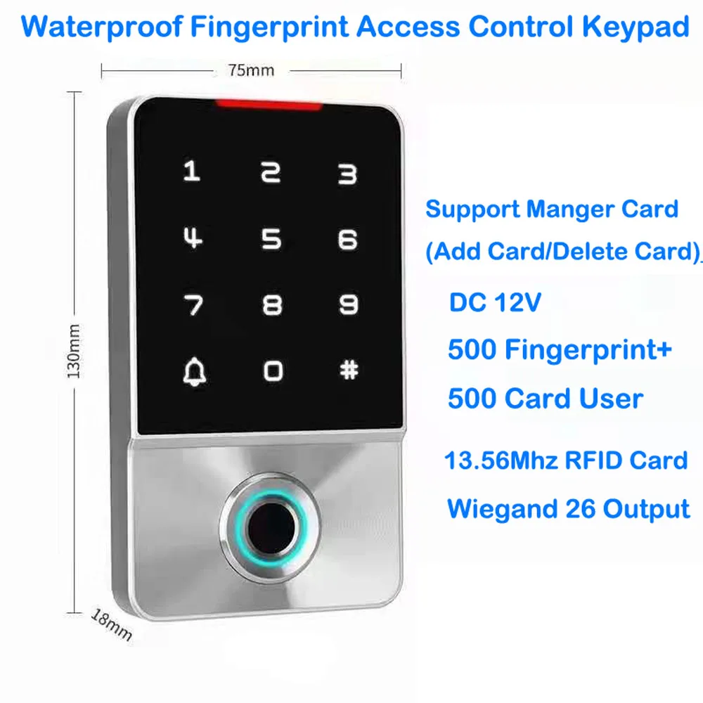 Waterproof IP67 Metal Standalone Access Control 13.56Mhz 500 RFID Card 500 Fingerprint User Access Control System WIegand 26 Out