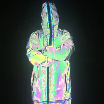 

Women Glowing Coat Reflective Jacket Loose Hooded Female Glow at Night Hip Hop Streetwear Tops Colorful Irregular Glossy Jackets