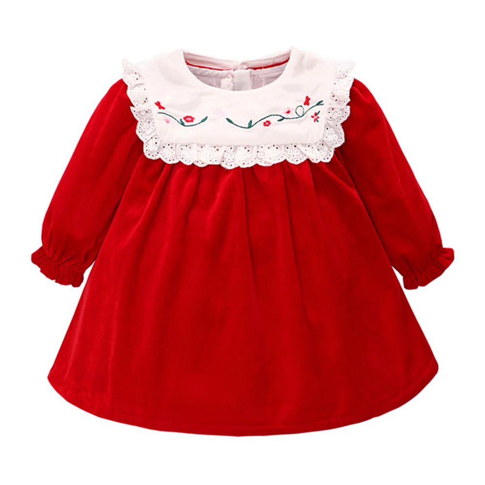 Fairy Baby Infants Fashion New Long-sleeved Baby Girl Dress Autumn Casual Red Velvet Embroidered Bibs Princess Dress 0-3T