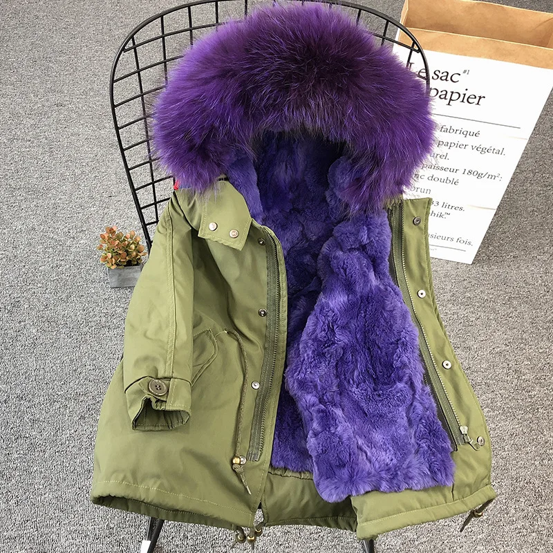 Детское пальто коллекция года, модное зимнее пальто с натуральным мехом теплая парка с воротником из меха енота для мальчиков и девочек детская куртка - Цвет: Green voilet fur