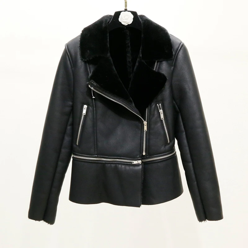 Fitaylor 2020 New Winter Women Sheepskin Coats Thicken Faux Leather Lamb Fur Jackets Hem Detachable Motorcycle Zipper Outerwear