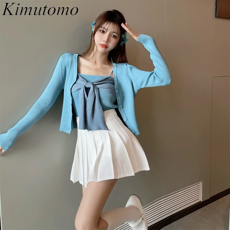 Kimutomo 2021 Autumn Women Sweet Sets Hong Kong Style Retro Bowknot Knitted Sling Small Cardigan Jacket Pleated Skirt Two-Piece |