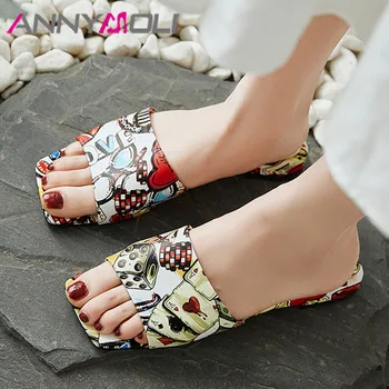 

ANNYMOLI Real Leather Woman Slippers Square Toe Sandals Flower Flat Slides Mixed Color Female Beach Shoes Summer Green Red 33-40