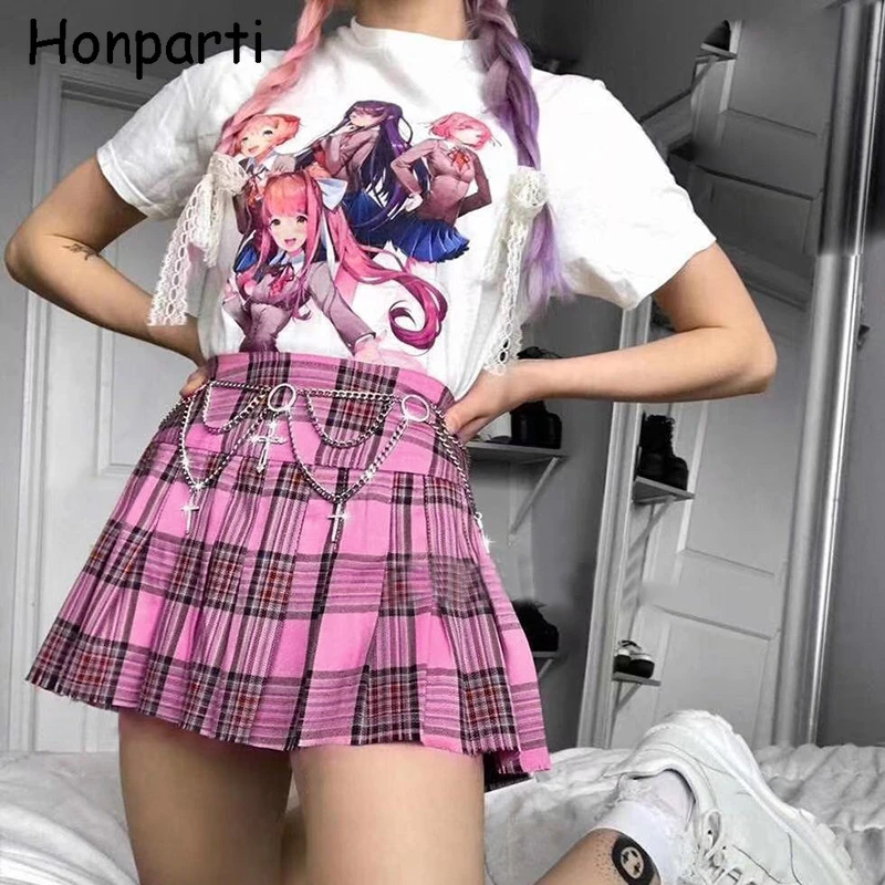 Harajuku-Plaid Gothic Pleated Skirts Women High Waist Mini Skirts Sexy Nightclub Clothes Grunge Goth Girl y2k
