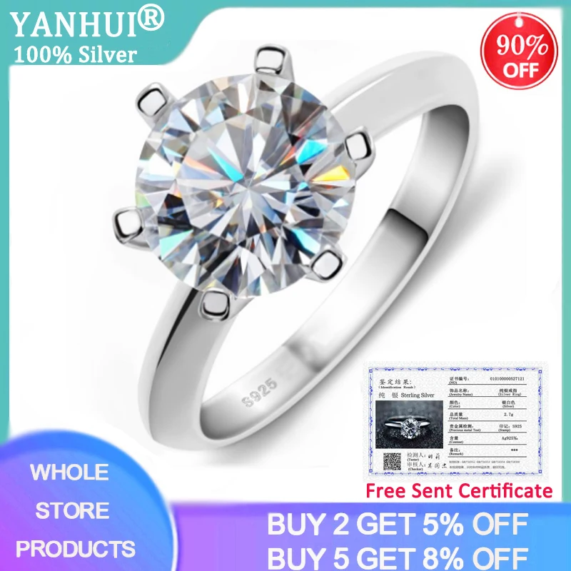Кольца YANHUI с сертификатом солитер реальные 925 Твердые серебряные 8 мм 2.0ct