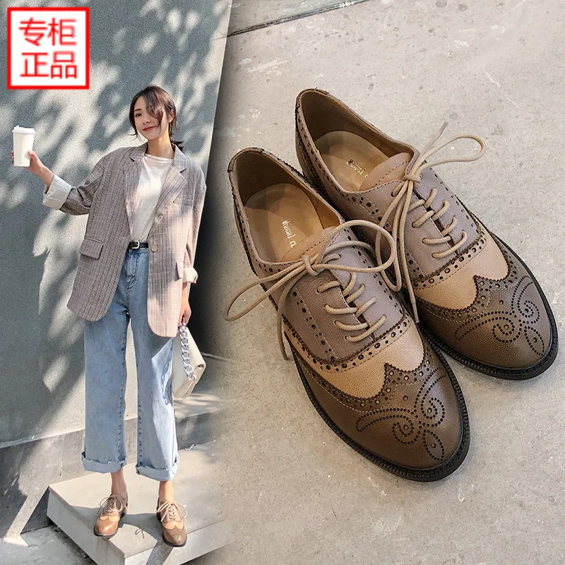 

2019 Leather Shoes Bullock Shoes for Four Seasons Lace-up Spring And Autumn Casual Shoes Low Heel-Toe Sheepskin WOMEN'S Shoes Br