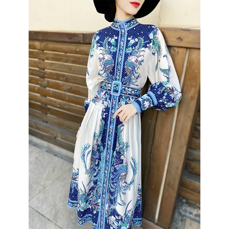 

2020 Spring Clothing New Style Europe And America Mid-length Goddess-Style Lantern Sleeve Ethnic-Style Printed Shirt Dress Women
