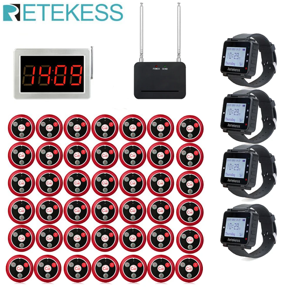 Retekess Restaurant Calling System Call Waiter Service Receiver Host+4 Watch Receiver+Signal Repeater+42 Call Buttons Hookah