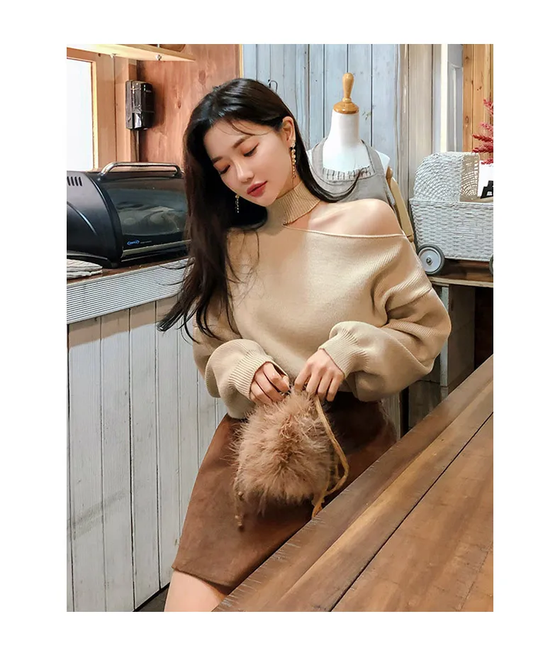 Autumn New Women's Hanging Neck Pullovers Sweater Knitting Bare Shoulder Irregular Fashion Casual Elegant Tops T98323D