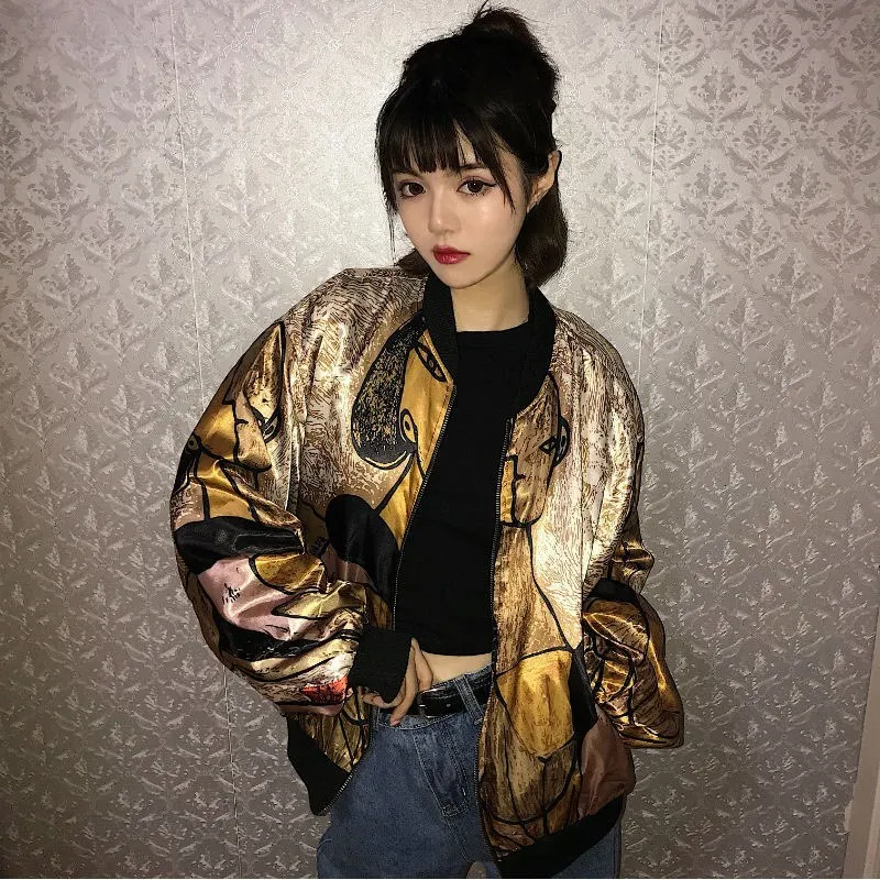 Harajuku куртка с золотым сатиновым принтом, свободные пальто, блестящая тонкая бейсбольная куртка, осенняя уличная куртка-бомбер