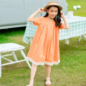 

YourSeason New 2020 Girl Loose Summer Dresses Short Sleeve Casual Kids Ruched Lace O Neck Princess Dress Comfortable Cotton