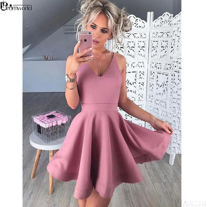 

Simple V Neck Sleeveless Short Blush Satin Prom Homecoming Dresses 2019 Party Gown A-Line Cocktail Dress vestido de graduacion
