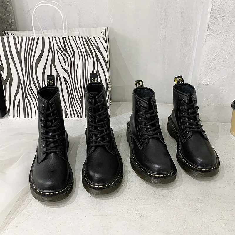 US $18.23 Martin Boots Locomotive MidTube Short Boots Genuine Leather Short Boots Rubber British Style Retro Autumn And Winter Female