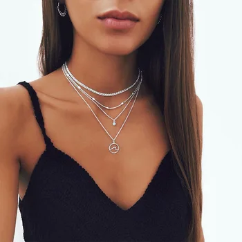 

ABDOABDO Multilayer Chain Necklace Ladies Silver Color Bohemian Stainless Steel Pendant Necklace Harajuku Lady Jewelry Collares