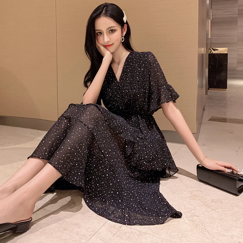 Женское винтажное шифоновое платье с v-образным вырезом коротким рукавом и