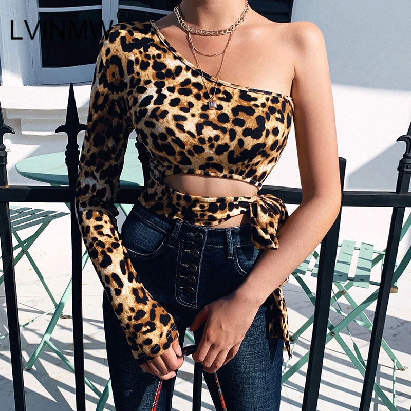

LVINMW Leopard Print One Shoulder Lace Up Cross Hollow Out Crop Tops Women Winter Sexy Long Sleeve Party Streetwear T Shirts