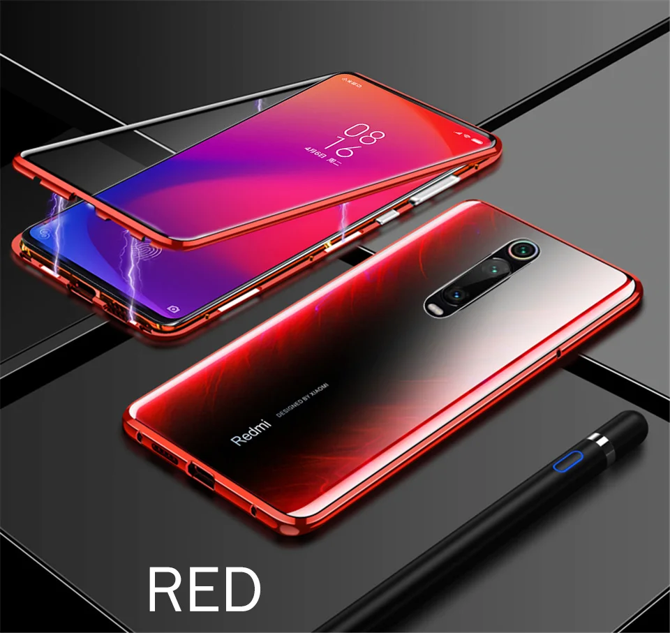 Магнитный адсорбционный чехол для телефона для Xiaomi mi A3 9 Lite SE 9T Note 10 Pro для Xiaomi Redmi Note 8 7 6 5 Pro стеклянный чехол s стакан чехол на телефона защитное стекло чехлы - Цвет: Red