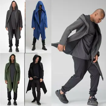 

Autumn Winter Unisex Hooded Long Outwear with Pockets Fashion Long Sleeve Warm Plain Casual Windproof Cardigan Streetwear