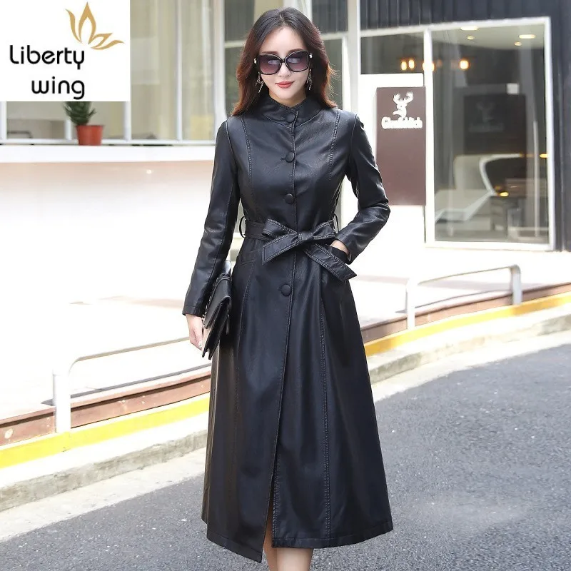 

Fashion Autumn High Quality Faux Sheepskin Coat Womens Leather Jacket Sashes Long Plus size M-5XL Outerwear Women Trench Coats