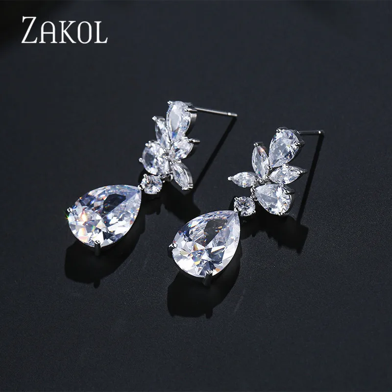 ZAKOL Romantic Bridal Wedding Accessories Jewelry Exquisite Cubic Zircon Dangle Drop Earrings With Rose Gold Color FSEP2196