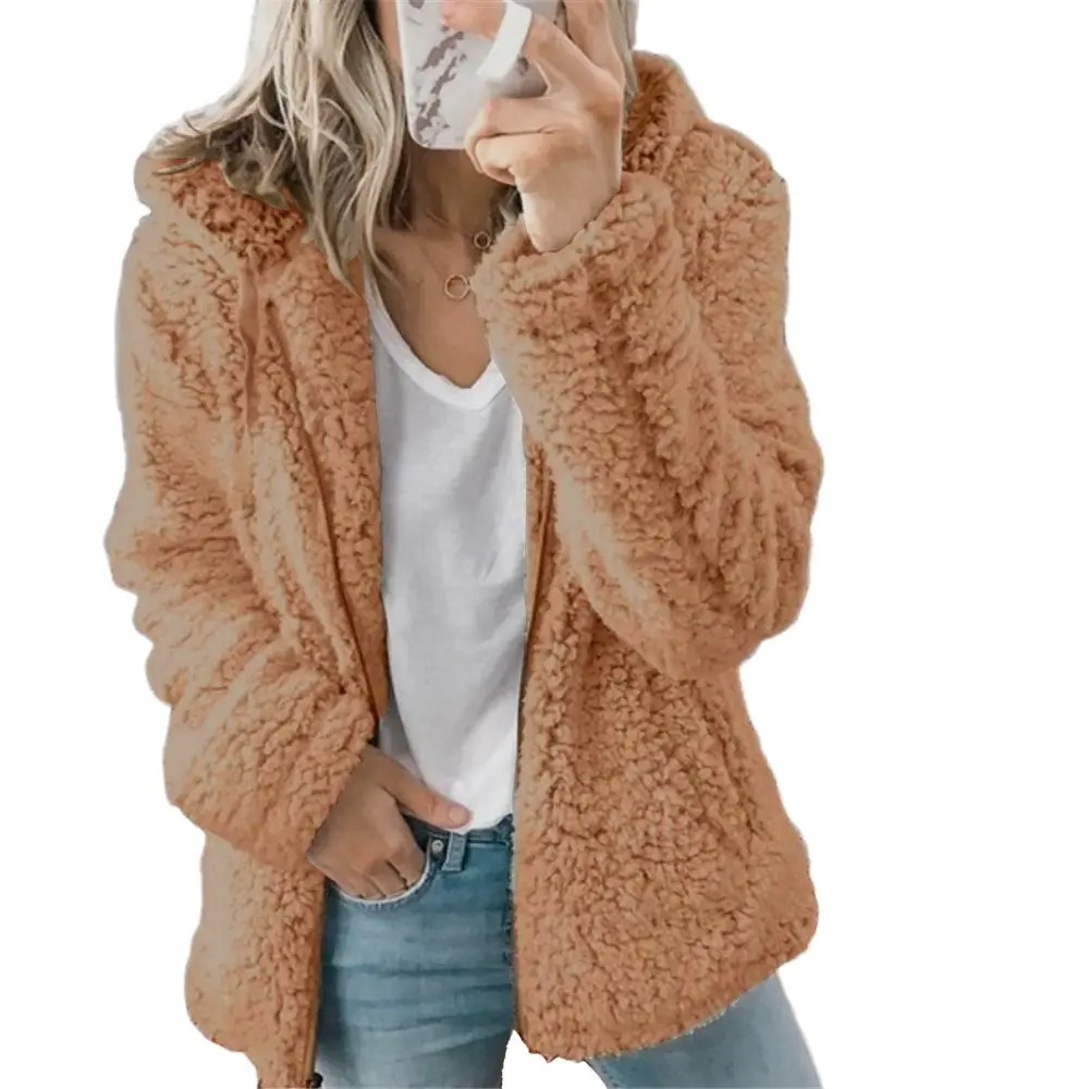 Women Autumn Winter Jacket Female Coat Causal Soft Hooded Fleece Plush Warm Plus Size Faux Fur Fluffy Zipper Top Sudadera