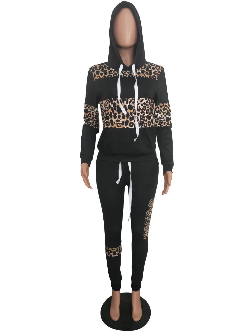 Yooneedi, зимний дизайн, Повседневный, размера плюс, 2 шт, Женский комплект, цветной, Леопардовый, с капюшоном, полный рукав, топы, длинные штаны, спортивные костюмы LSD-8626