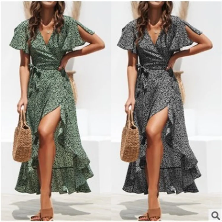 

Women Summer Printed High Waist Sashes Lace-up V-neck Sexy Chiffon Dress Expandable Irregular Dress Petal Sleeve Bohemian Dress
