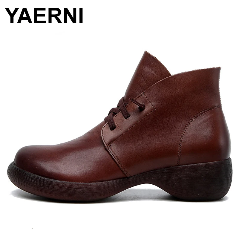 YAERNI/женские зимние ботинки Ботильоны из натуральной кожи на плоской подошве