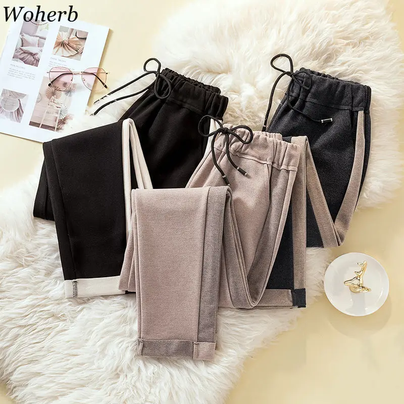 Woherb, Осень-зима, новинка, широкие штаны-шаровары для женщин, полосатые повседневные свободные штаны, Ретро стиль, корейская мода размера плюс 91245