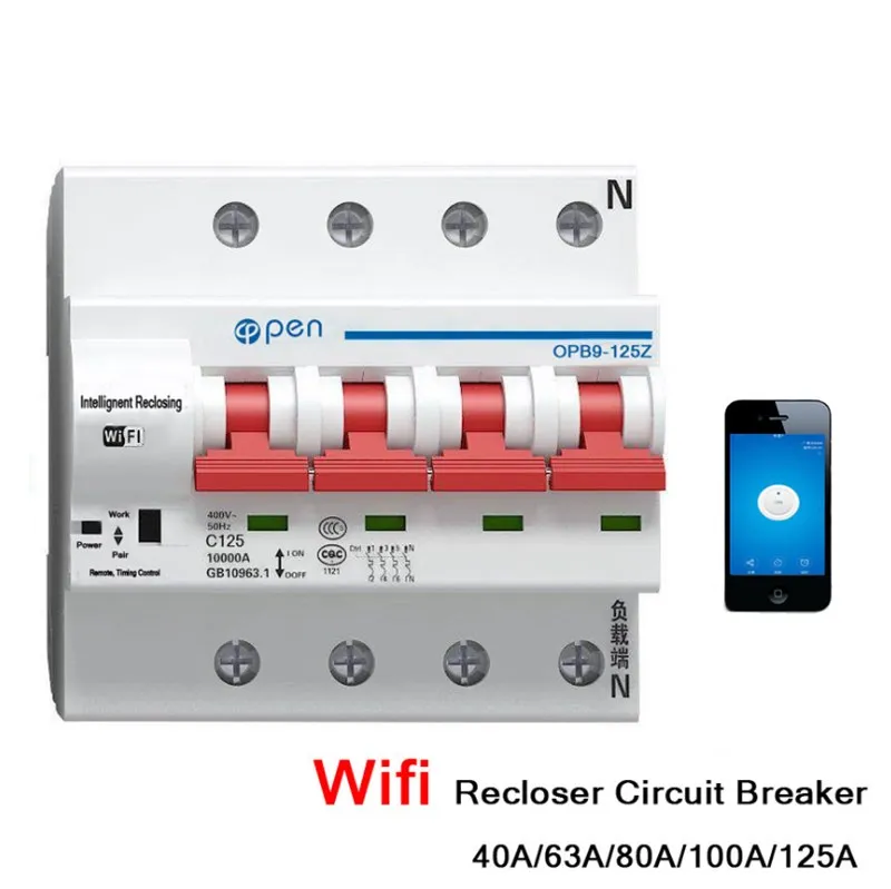 

4P 40A-125A Remote Control Wifi Circuit Breaker /Smart Switch /Automatic Recloser Support Alexa And Google Home