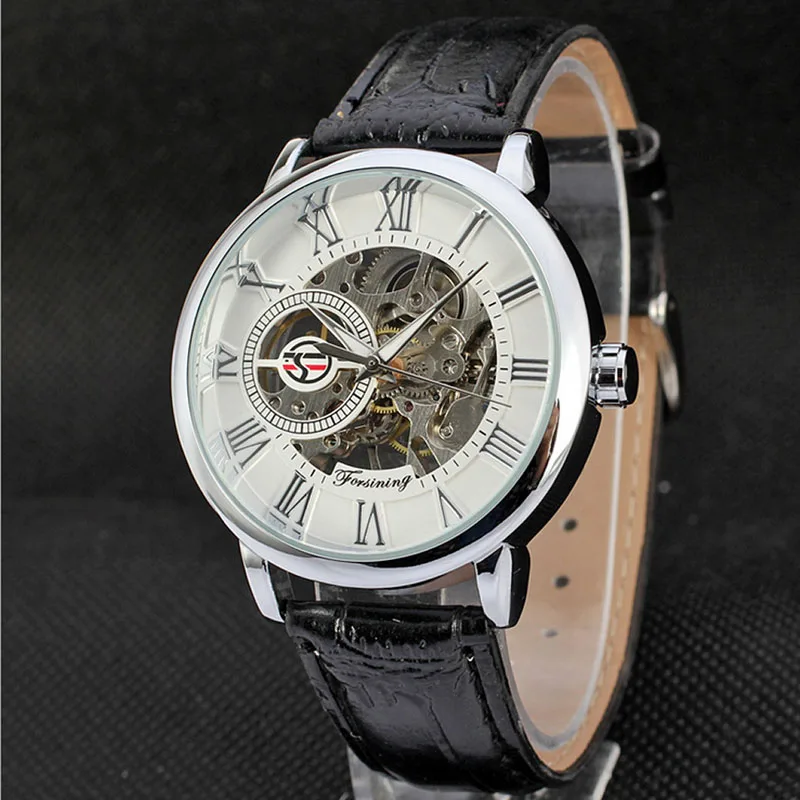 Luxury Mens Steampunk Skeleton Stainless Steel Mechanical Wrist Watch