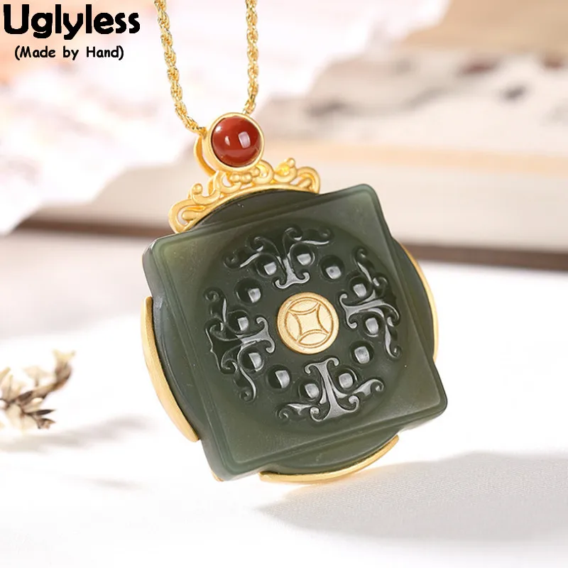 Uglyless Carved Brave Troops Vintage Eastern Beauty Pendants Necklaces NO Chains Square Jade Agate 925 Silver Jewelry | Украшения и